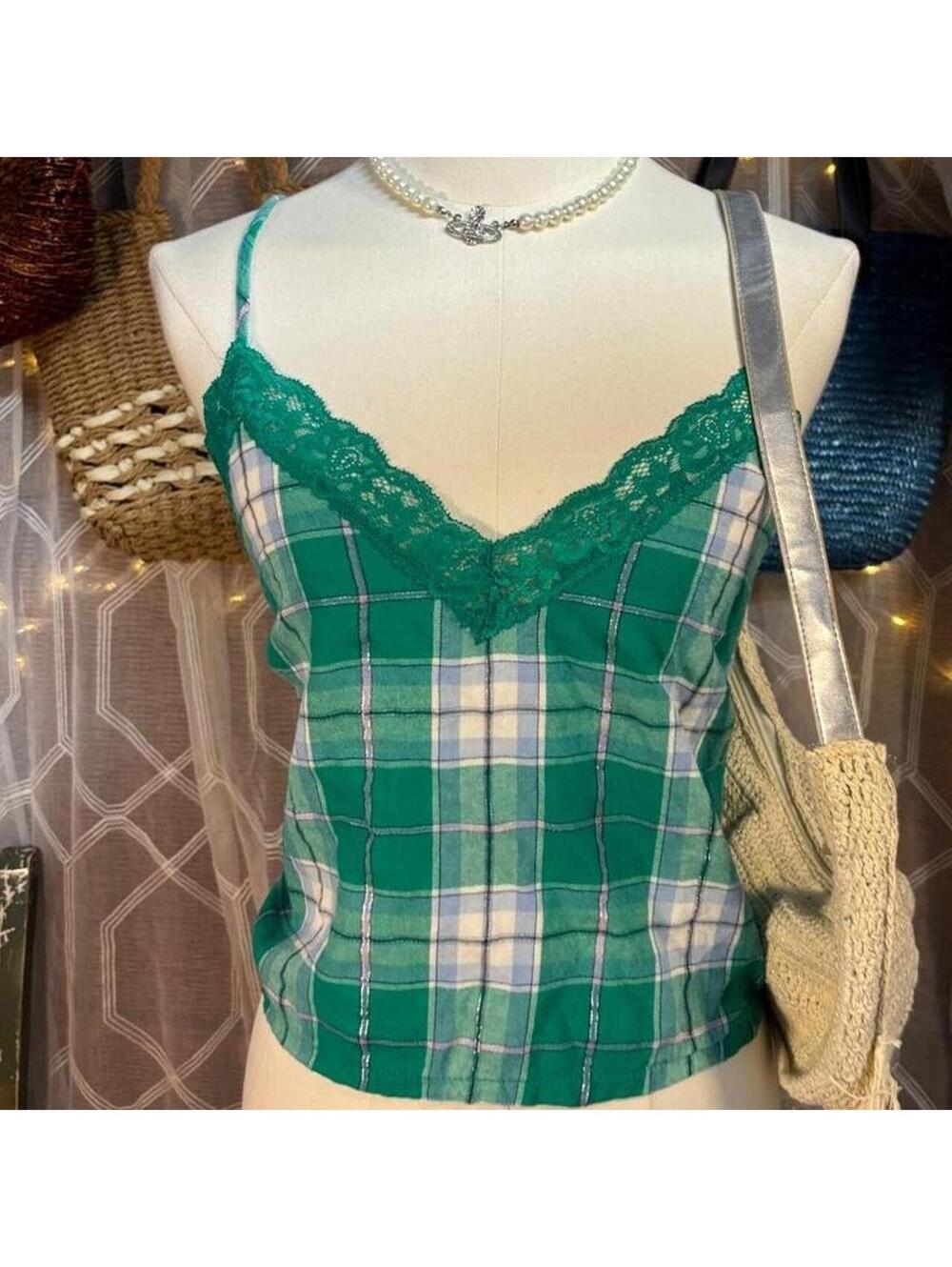 Colsie Green Plaid Lace Trim Cami Y2K Pajama Core Coquette Tank Cabin Core Indie